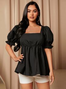 SHEIN Maternity Square Neck Puff Sleeve Peplum Top - Black - View 1