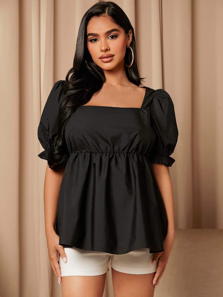 SHEIN Maternity Square Neck Puff Sleeve Peplum Top - Black - View 6