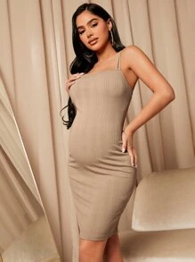 SHEIN Maternity Solid Cami Bodycon Dress - Khaki - View 3