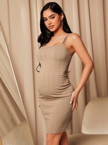 SHEIN Maternity Solid Cami Bodycon Dress - Khaki - View 6