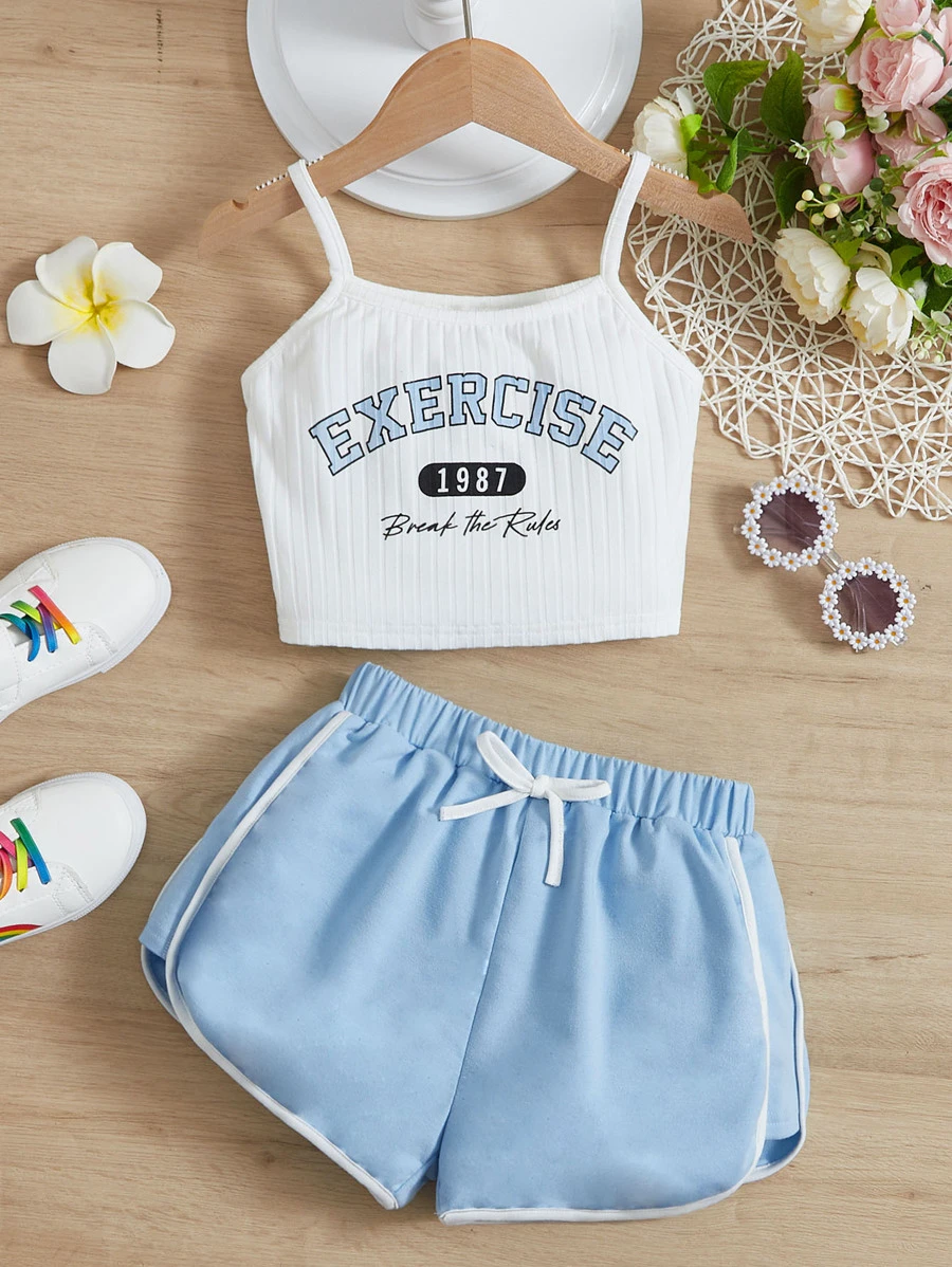 SHEIN Tween Girl Letter Graphic Cami Top & Contrast Binding Shorts - Baby Blue - View 1