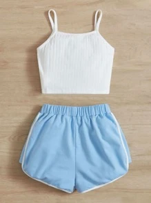 SHEIN Tween Girl Letter Graphic Cami Top & Contrast Binding Shorts - Baby Blue - View 2