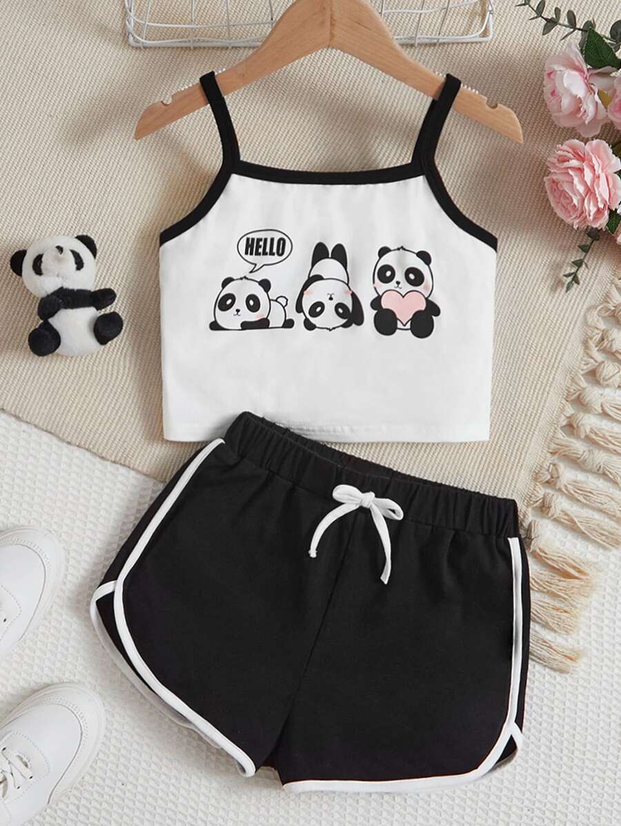SHEIN Cô gái Tween In gấu trúc Tương phản ràng buộc Áo Cami & Quần short - Đen và trắng - Xem 1