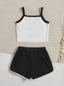 SHEIN Cô gái Tween In gấu trúc Tương phản ràng buộc Áo Cami & Quần short - Đen và trắng - Xem 2