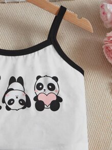 SHEIN Cô gái Tween In gấu trúc Tương phản ràng buộc Áo Cami & Quần short - Đen và trắng - Xem 3