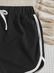 SHEIN Cô gái Tween In gấu trúc Tương phản ràng buộc Áo Cami & Quần short - Đen và trắng - Xem 4