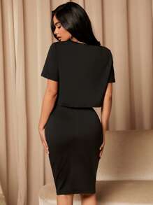 MaterniWear Maternity Solid Crop Top & Adjustable Waist Skirt Set - Black - View 2