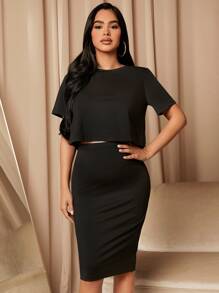 MaterniWear Maternity Solid Crop Top & Adjustable Waist Skirt Set - Black - View 3