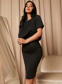 MaterniWear Maternity Solid Crop Top & Adjustable Waist Skirt Set - Black - View 4