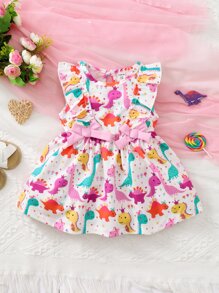 Baby Girl Dinosaur Print Ruffle Trim Dress - White - View 1