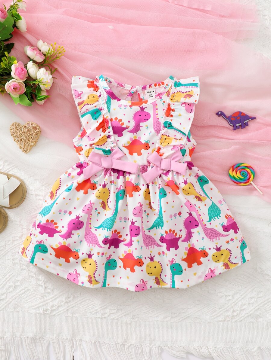 Baby Girl Dinosaur Print Ruffle Trim Dress - White - View 1