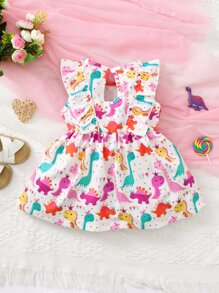 Baby Girl Dinosaur Print Ruffle Trim Dress - White - View 2