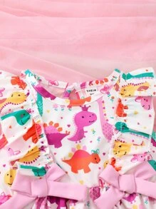 Baby Girl Dinosaur Print Ruffle Trim Dress - White - View 3