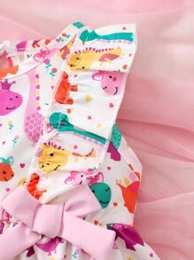 Baby Girl Dinosaur Print Ruffle Trim Dress - White - View 4