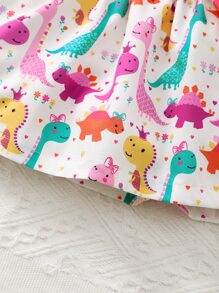 Baby Girl Dinosaur Print Ruffle Trim Dress - White - View 6