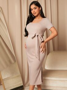 MaterniWear 孕婦大圓領腰帶下擺開叉洋裝 - 杏色 - 查看 5