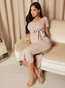 MaterniWear 孕婦大圓領腰帶下擺開叉洋裝 - 杏色 - 查看 7