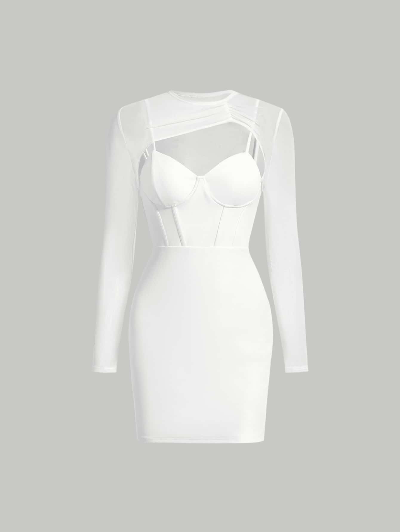 SHEIN MOD Cutout Sheer Mesh Panel Bodycon Dress - White - View 1