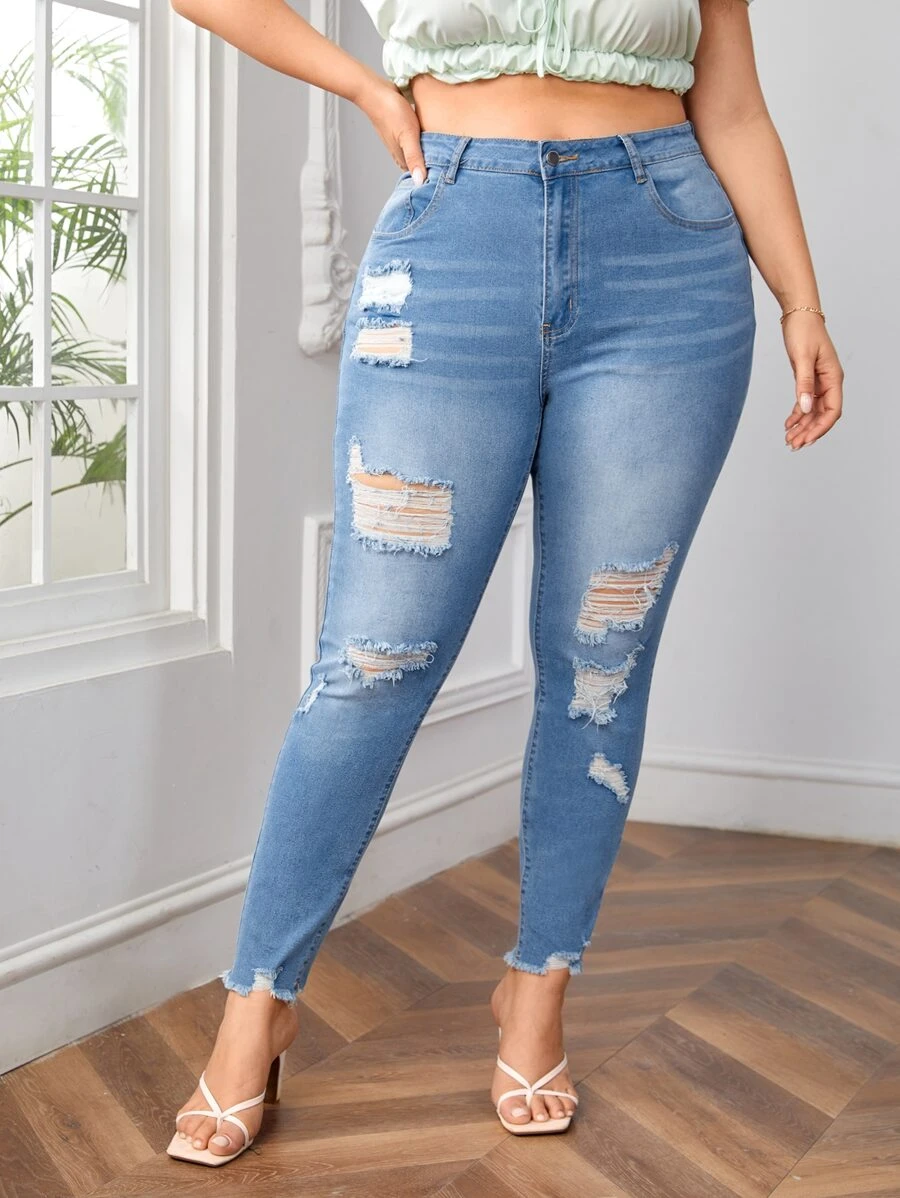 Jeans ajustados desgarro ribete sin dobladillo - Lavado ligero - Ver 1