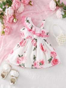 SHEIN Baby Girl Floral Print Ruffle Trim Bow Front Dress - White - View 2