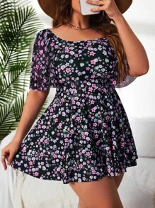 SHEIN Swim Curve Plus Ditsy Floral Print Tankini Set Short Flutter Sleeve Swim Dress & High Waisted Bottom 2 Piece Separate Bathing Suit - Multicolor - View 1