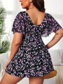 SHEIN Swim Curve Plus Ditsy Floral Print Tankini Set Short Flutter Sleeve Swim Dress & High Waisted Bottom 2 Piece Separate Bathing Suit - Multicolor - View 2