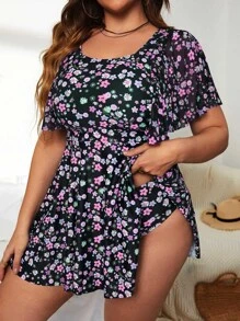 SHEIN Swim Curve Plus Ditsy Floral Print Tankini Set Short Flutter Sleeve Swim Dress & High Waisted Bottom 2 Piece Separate Bathing Suit - Multicolor - View 3