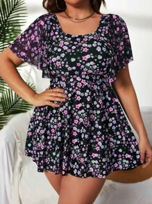 SHEIN Swim Curve Plus Ditsy Floral Print Tankini Set Short Flutter Sleeve Swim Dress & High Waisted Bottom 2 Piece Separate Bathing Suit - Multicolor - View 4
