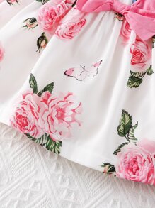 SHEIN Baby Girl Floral Print Ruffle Trim Bow Front Dress - White - View 5