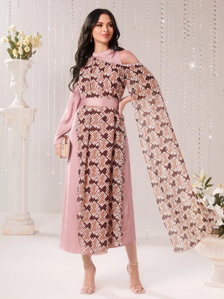 Geo Print Draped Cutout Tie Back Dress