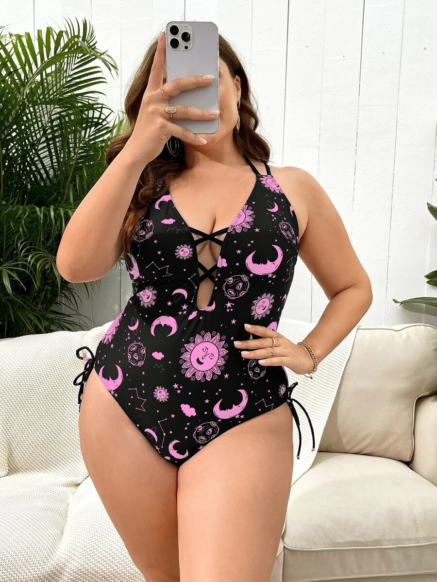 SHEIN Swim Curve Plus Size Sun & Moon Print Lace Up One Piece Swimsuit, For Summer Beach Vacation - Multicolor - View 1