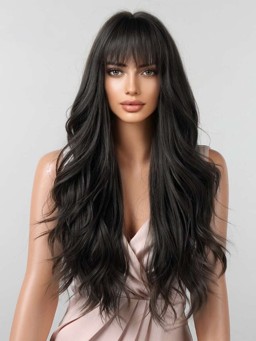 黑色合成鬍梢的長髮卷曲假髮,適用於女性日常穿著和角色扮演使用,耐熱