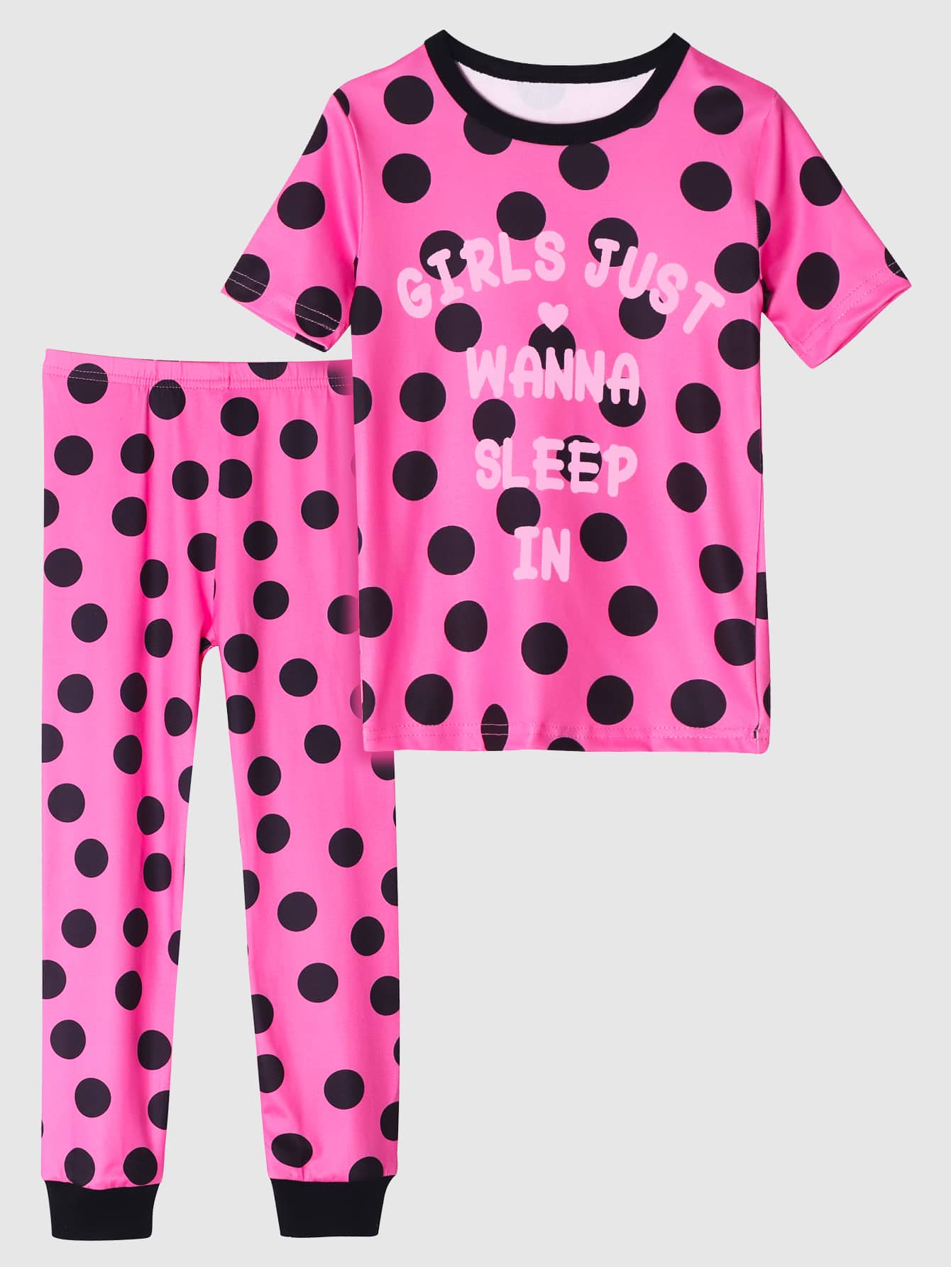 Girls Polka Dot & Slogan Graphic Snug Fit PJ Set - Multicolor - View 1
