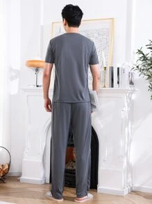 Men Letter Graphic PJ Set - Dark Grey - View 2