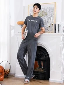 Men Letter Graphic PJ Set - Dark Grey - View 1