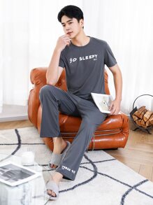 Men Letter Graphic PJ Set - Dark Grey - View 5