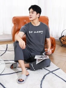 Men Letter Graphic PJ Set - Dark Grey - View 6