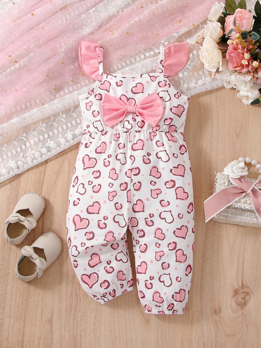 Baby Heart Print Bow Front Ruffle Trim Jumpsuit & Headband - White - View 1