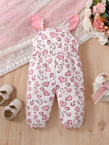 Baby Heart Print Bow Front Ruffle Trim Jumpsuit & Headband - White - View 2