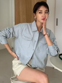 DAZY Áo sơ mi nữ Túi Nút phía trước màu trơn Giải trí - Màu xanh bụi bặm - Xem 1
