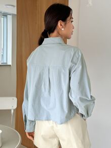 DAZY Áo sơ mi nữ Túi Nút phía trước màu trơn Giải trí - Màu xanh bụi bặm - Xem 2