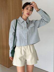 DAZY Áo sơ mi nữ Túi Nút phía trước màu trơn Giải trí - Màu xanh bụi bặm - Xem 3