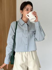 DAZY Áo sơ mi nữ Túi Nút phía trước màu trơn Giải trí - Màu xanh bụi bặm - Xem 4