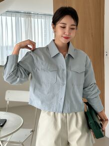 DAZY Áo sơ mi nữ Túi Nút phía trước màu trơn Giải trí - Màu xanh bụi bặm - Xem 6