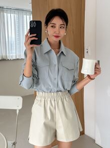 DAZY Áo sơ mi nữ Túi Nút phía trước màu trơn Giải trí - Màu xanh bụi bặm - Xem 7