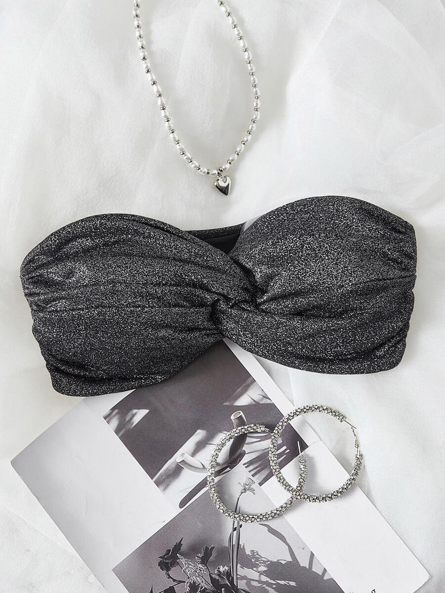 SHEIN Swim Summer Beach Twist Glitter Bikini Top - Black - View 1