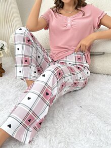Plaid & Heart Print Button Front PJ Set / Pajama Set - Multicolor - View 1