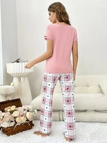 Plaid & Heart Print Button Front PJ Set / Pajama Set - Multicolor - View 2