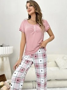 Plaid & Heart Print Button Front PJ Set / Pajama Set - Multicolor - View 4