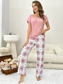 Plaid & Heart Print Button Front PJ Set / Pajama Set - Multicolor - View 6
